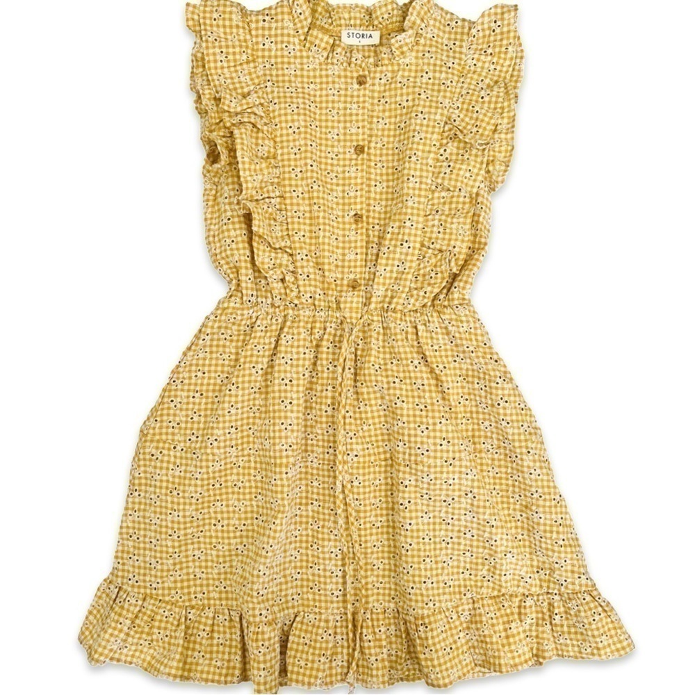 Storia Gingham Yellow Prairie Dress eyelet ruffle - Picture 6 of 9